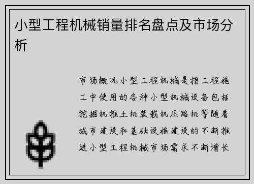 小型工程机械销量排名盘点及市场分析