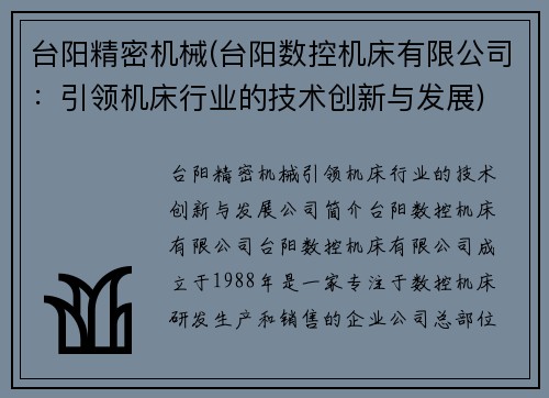 台阳精密机械(台阳数控机床有限公司：引领机床行业的技术创新与发展)